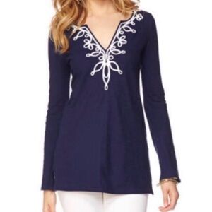 Lilly Pulitzer Navy Blue Tunic Top with White Embroidery